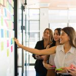 Women doing artificial intelligence brainstorming at whiteboard with sticky notes